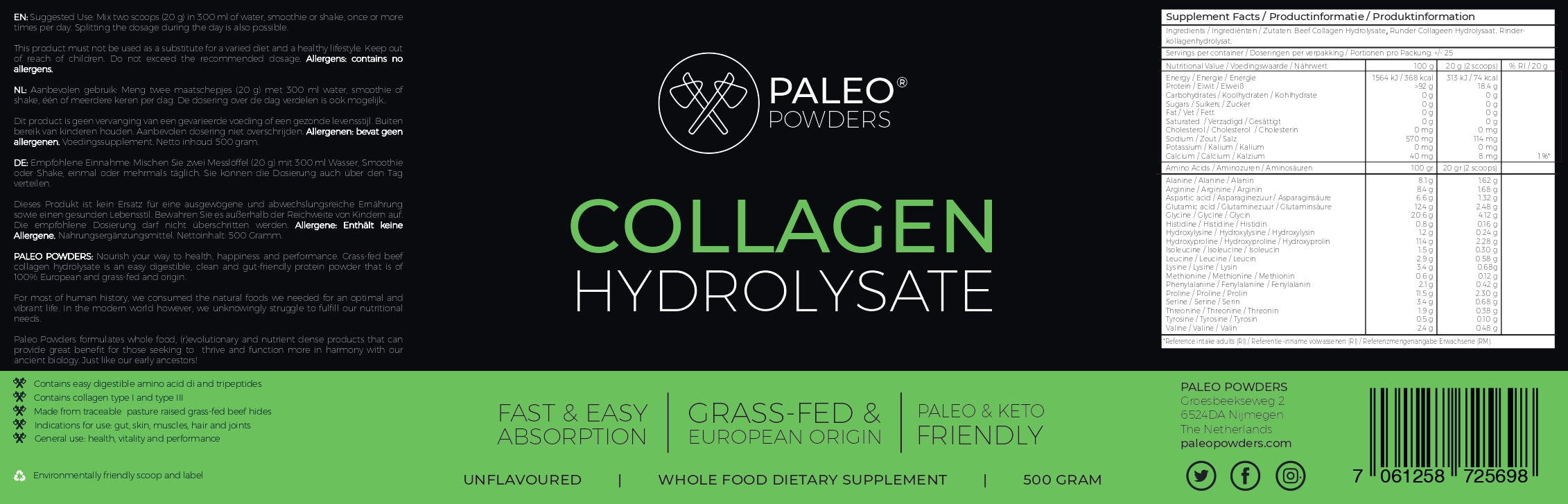 Collageen Hydrolysaat - Grasgevoerde Runderen - 500 gram - Paleo Powders