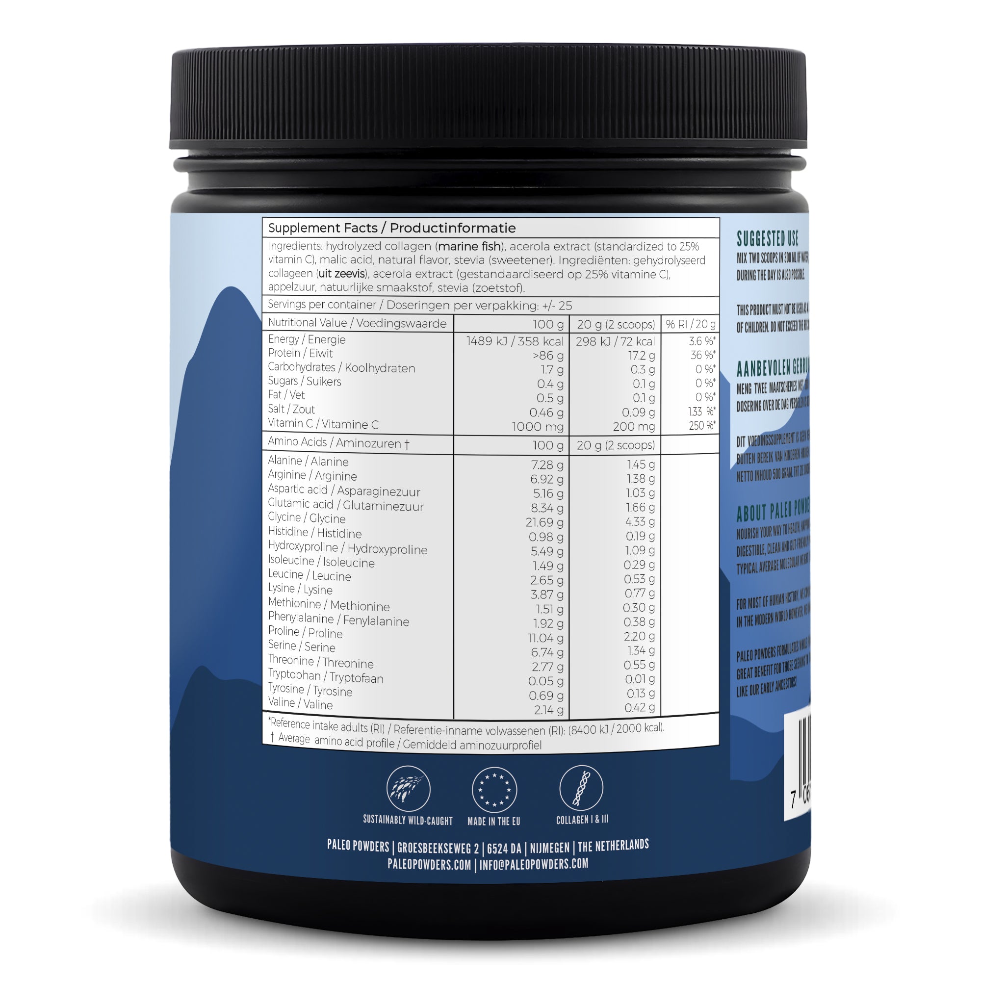 Collageen Hydrolysaat - Wild Gevangen Vis - Aardbei - 500 gram - Paleo Powders