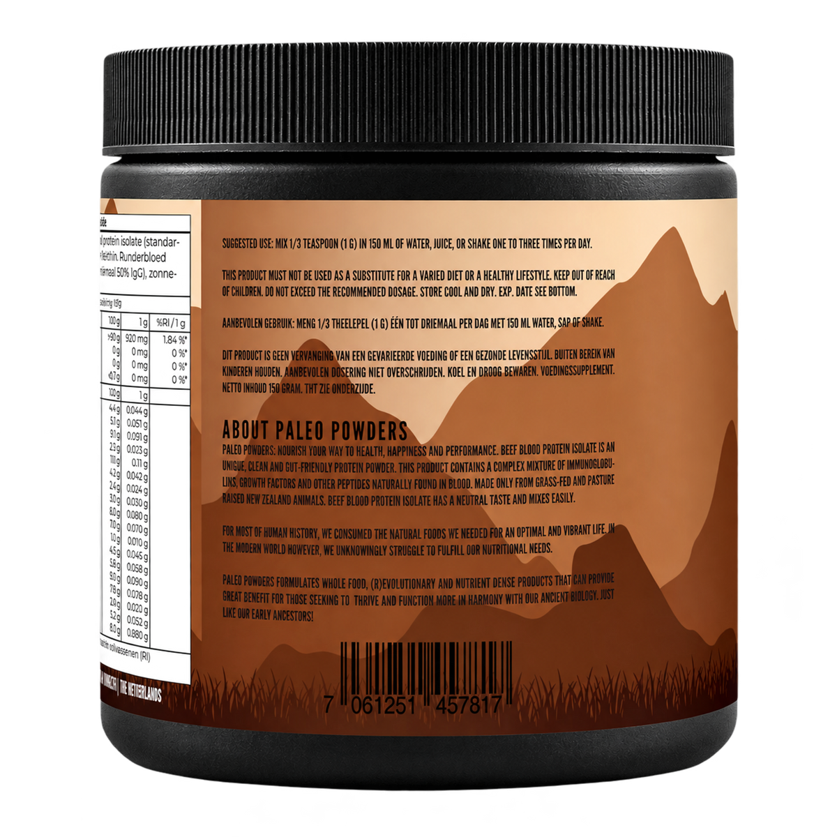 Runderbloed Eiwit Isolaat - Grasgevoerd - 150 gram - Paleo Powders - zijaanzicht