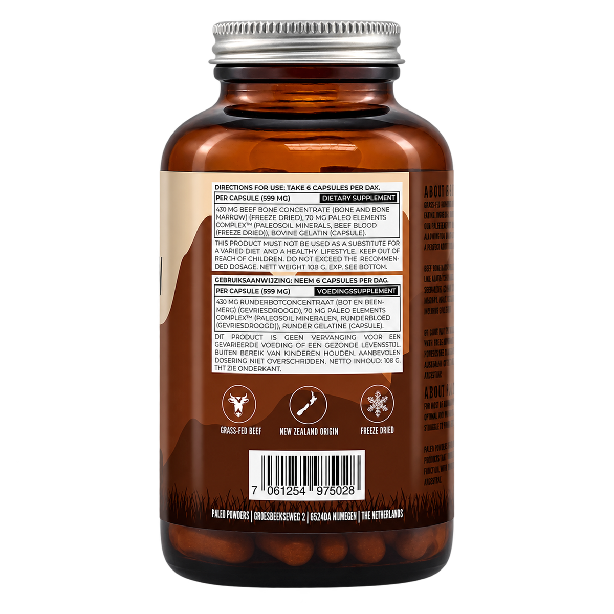 Runder Beenmerg - Grasgevoerd - 180 capsules - Paleo Powders - achterkant