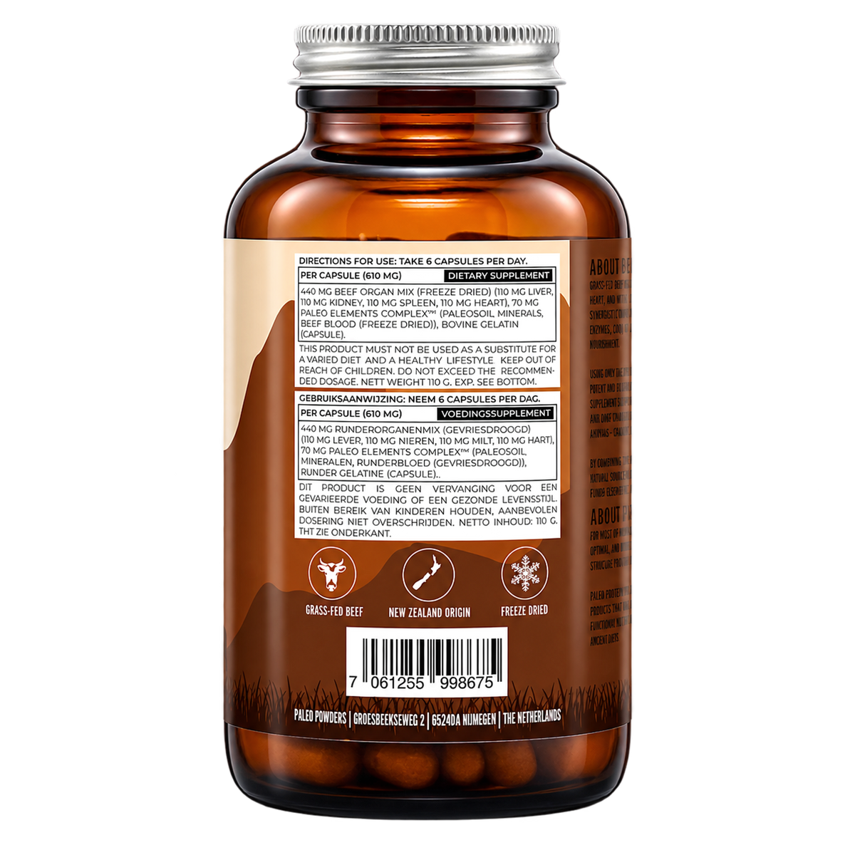 Runder Orgaan Mix - Grasgevoerd - 180 capsules - Paleo Powders - achterkant
