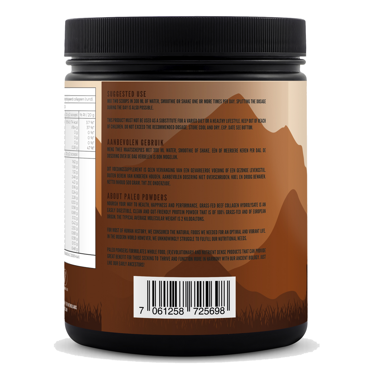 Collageen Hydrolysaat - Grasgevoerde runderen - 500 gram - Paleo Powders - zijaanzicht