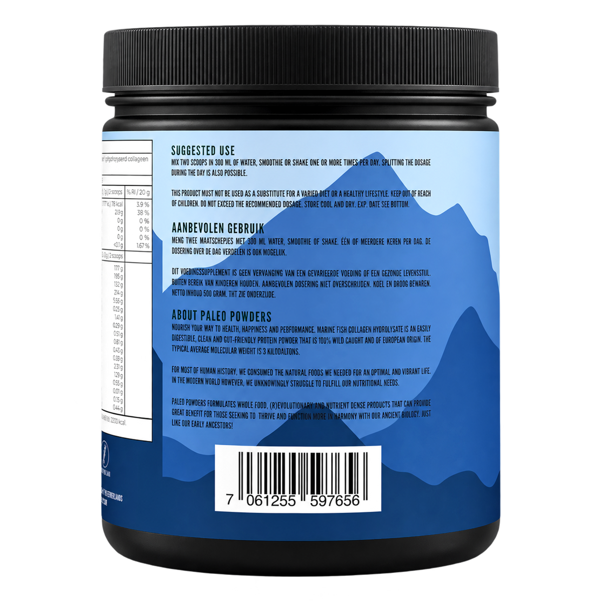 Collageen Hydrolysaat - Wilde zeevis - 500 gram - Paleo Powders - zijaanzicht