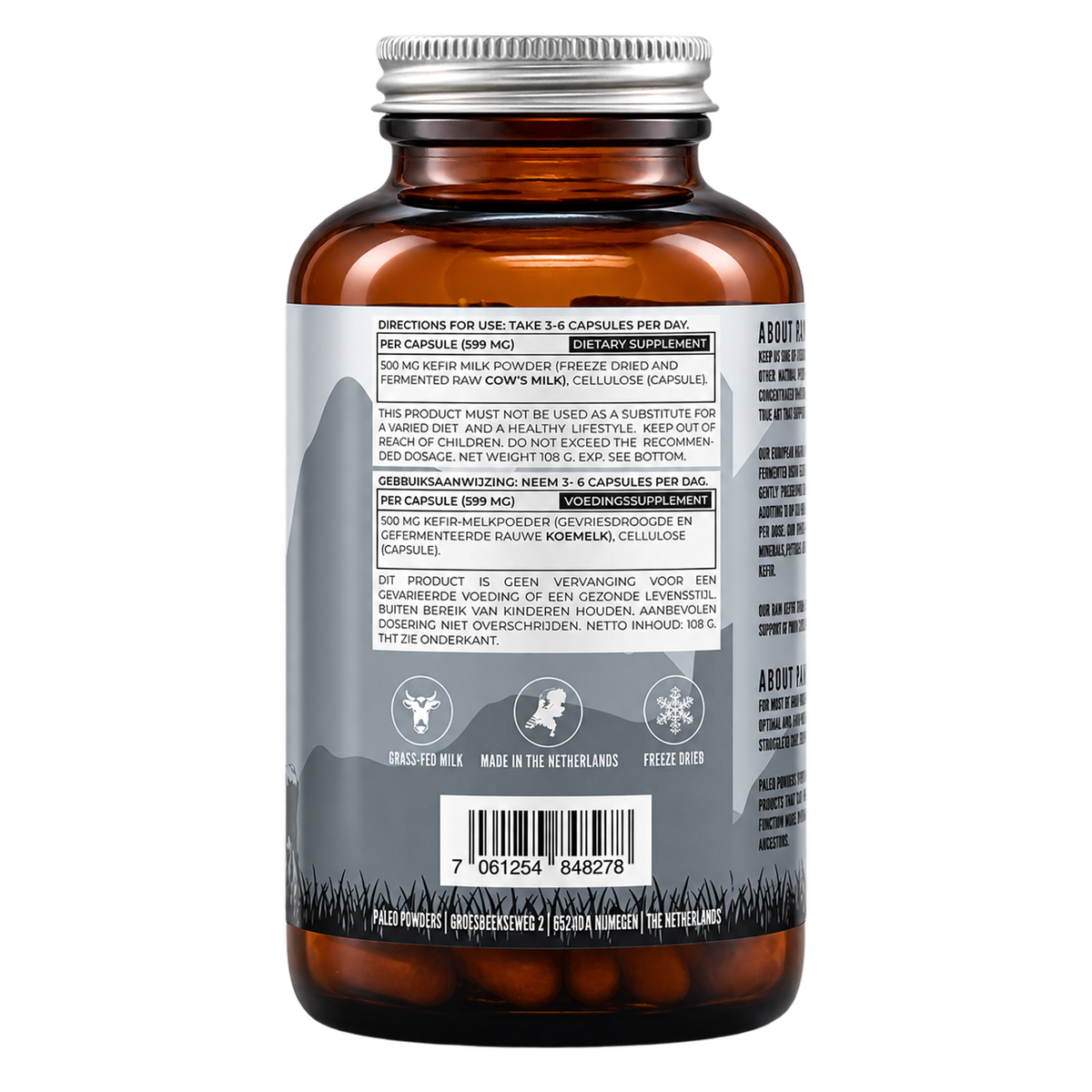 Rauwe Kefir Probiotica - 180 capsules - Paleo Powders - achterkant