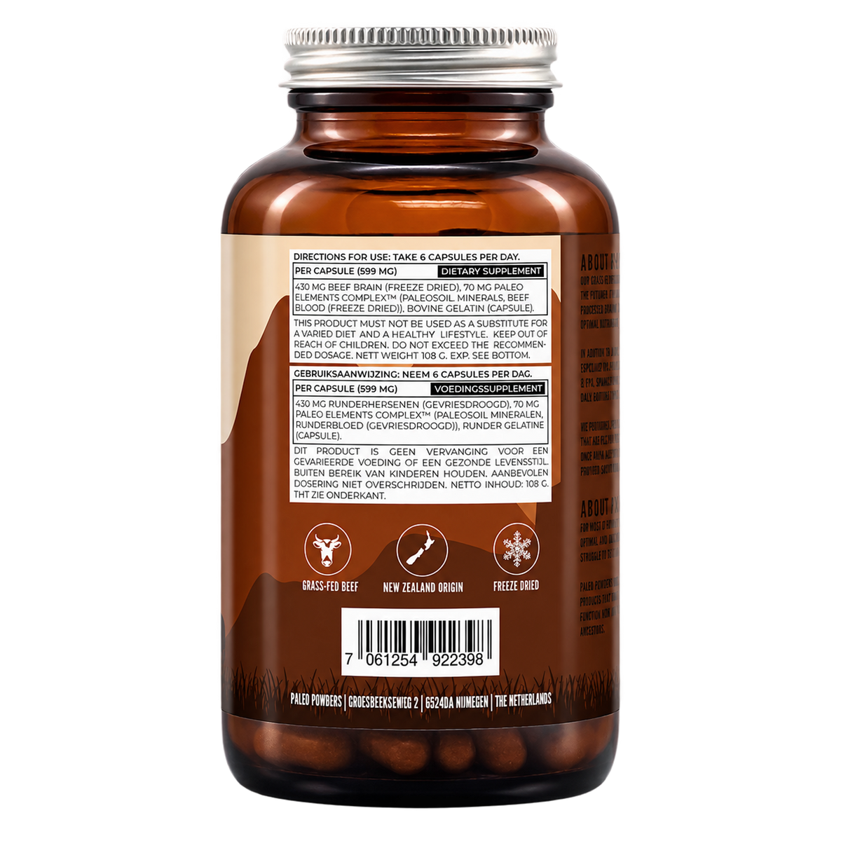 Runder Hersenen - Grasgevoerd - 180 capsules - Paleo Powders - achterkant