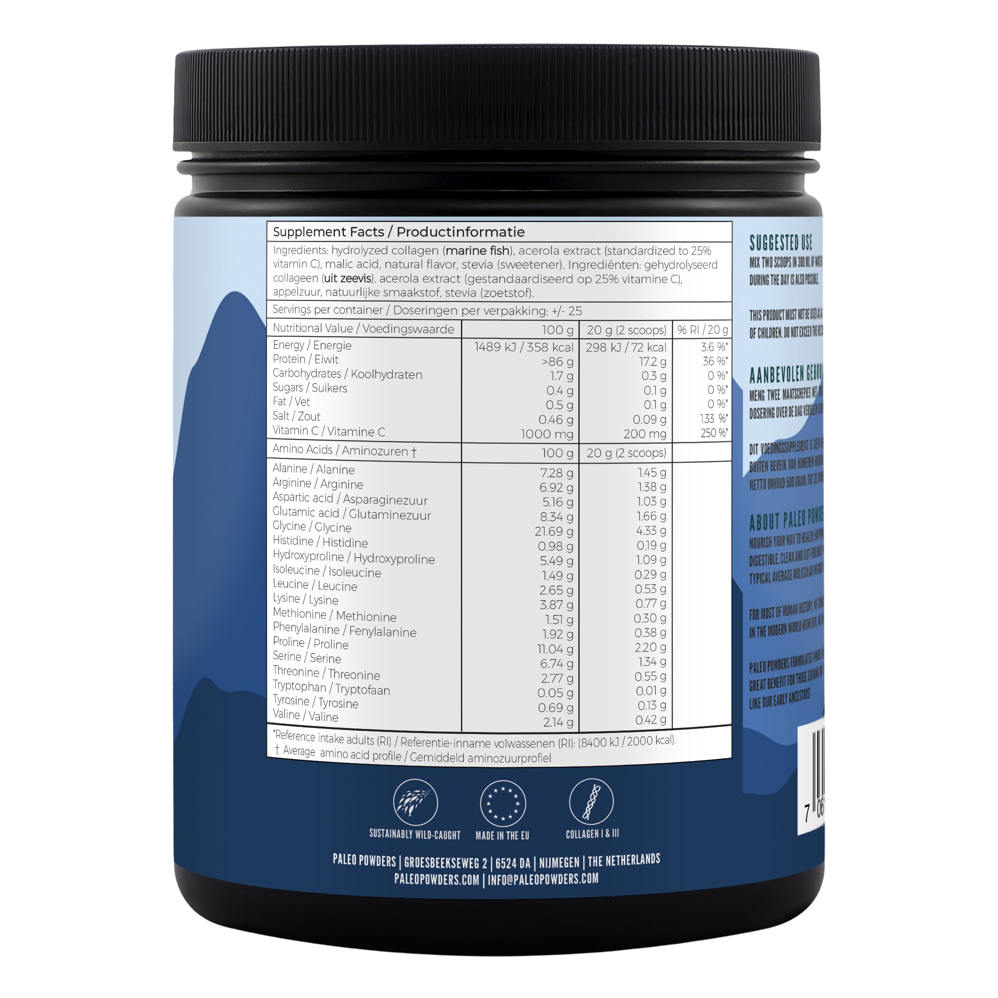 Collageen Hydrolysaat - Wild Gevangen Vis - Aardbei - 500 gram - Paleo Powders