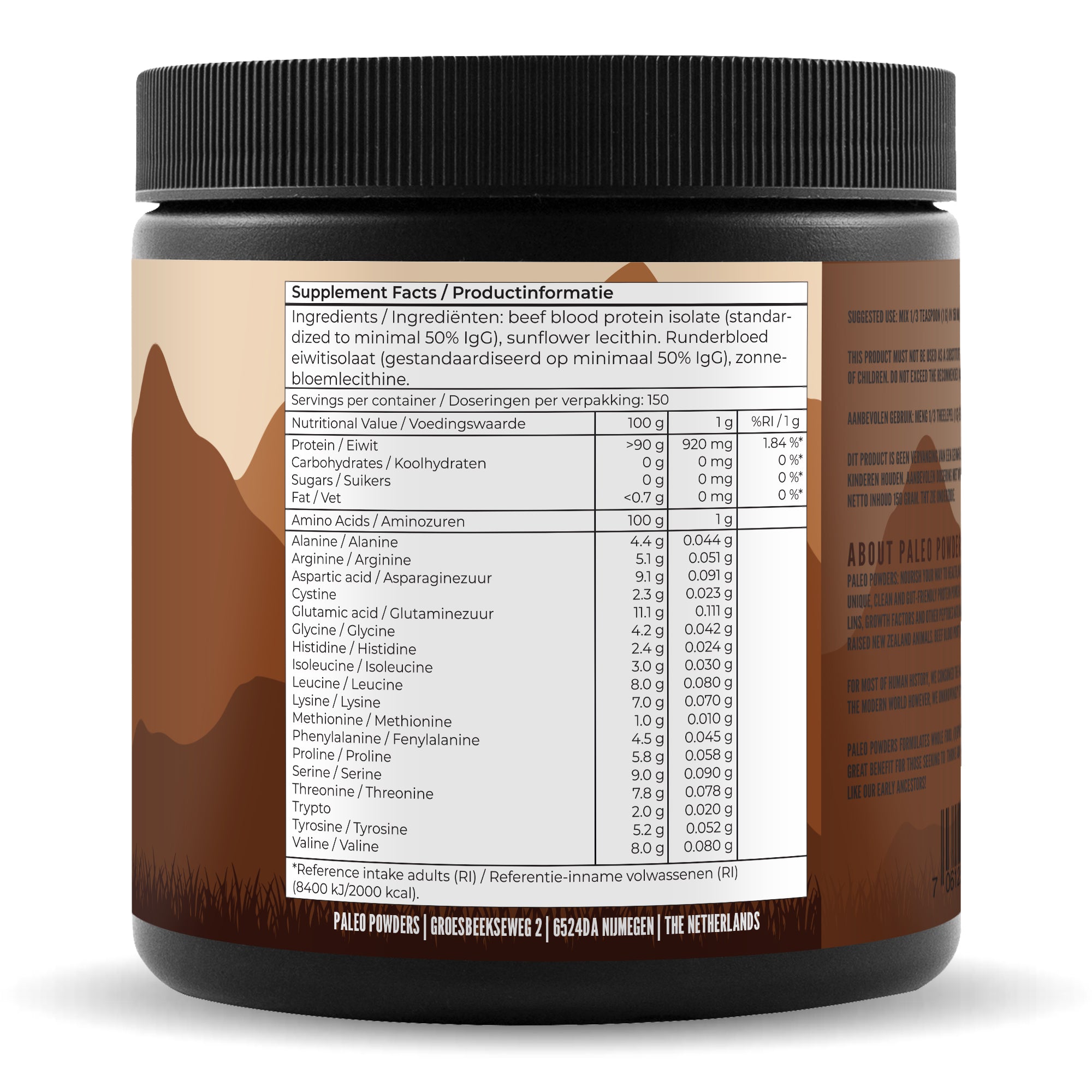 Runderbloed Eiwit Isolaat - Grasgevoerde Runderen - 150 gram - Paleo Powders