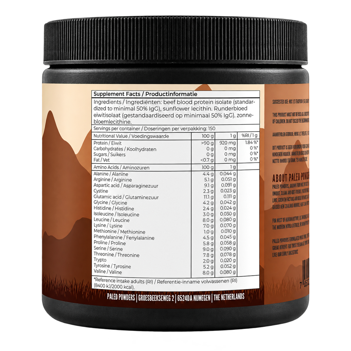 Runderbloed Eiwit Isolaat - Grasgevoerd - 150 gram - Paleo Powders - achterkant