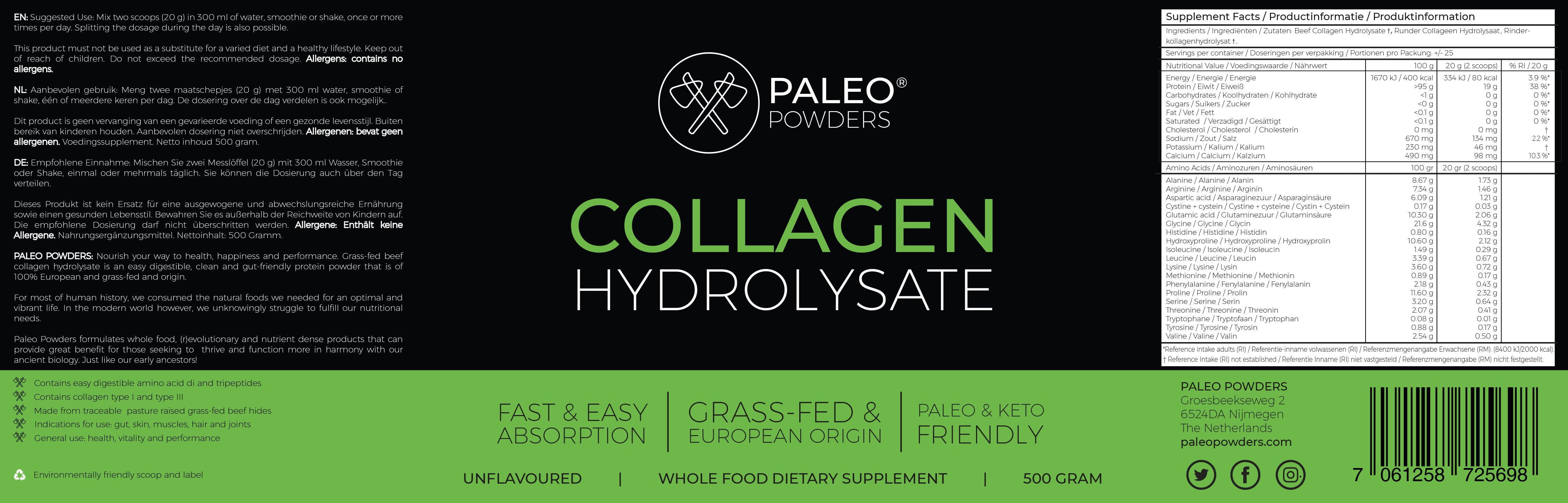 Collageen Hydrolysaat - Grasgevoerde runderen - 500 gram - Paleo Powders