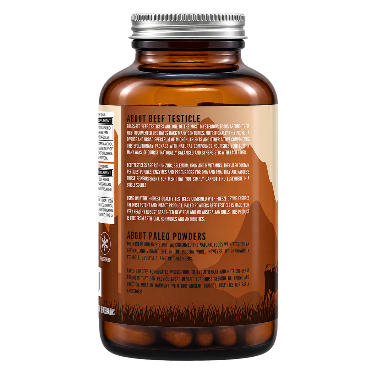 Runder Testikels - Grasgevoerd - 180 capsules - Paleo Powders - zijaanzicht