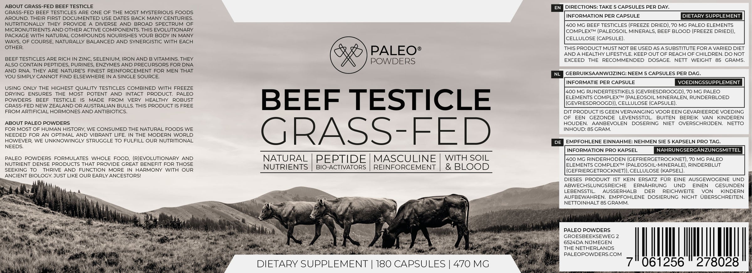 Beef Testicles Grass Fed 180 capsules Paleo Powders