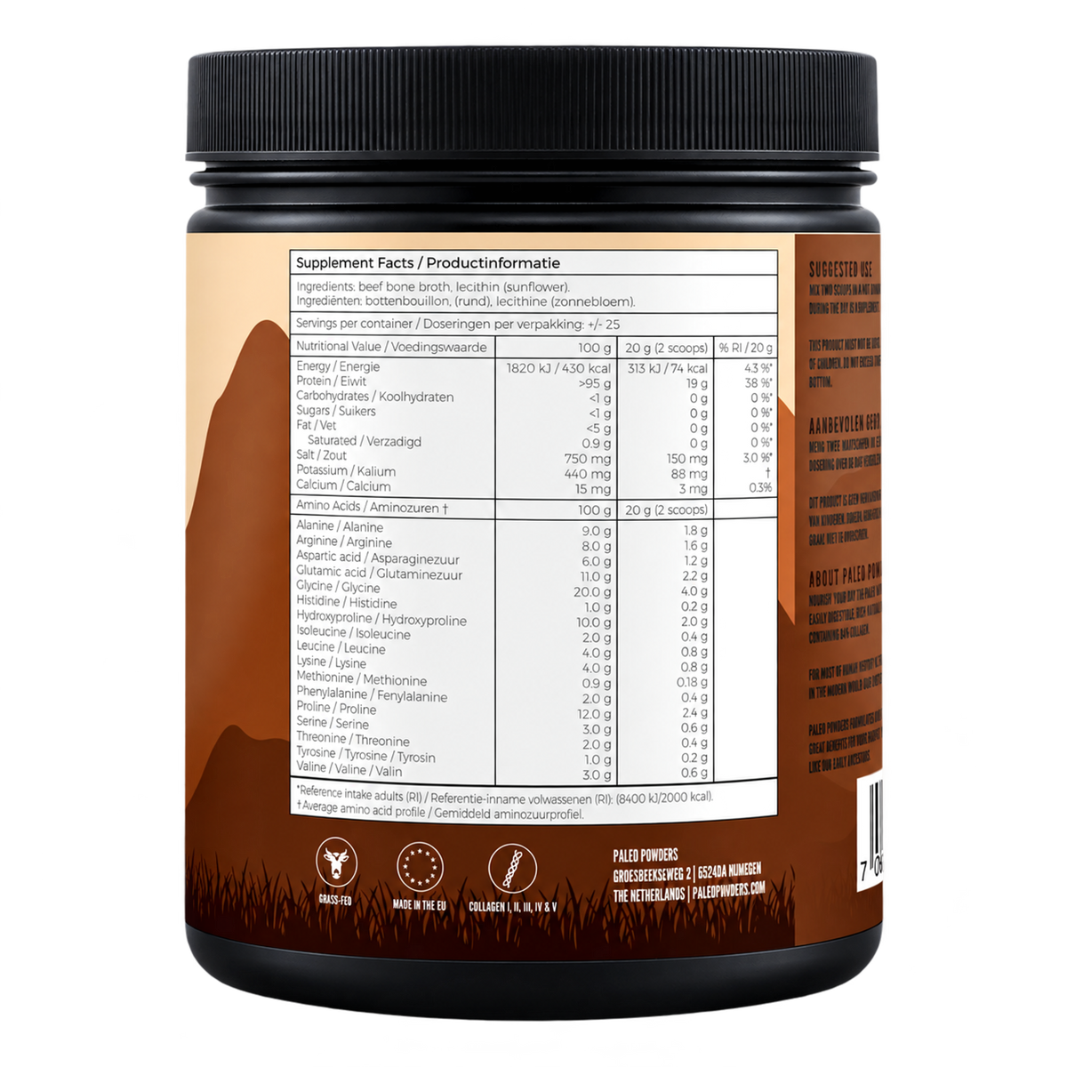 Bottenbouillon (Bone Broth) - Grasgevoerde runderen - 500 gram - Paleo Powders - achterkant