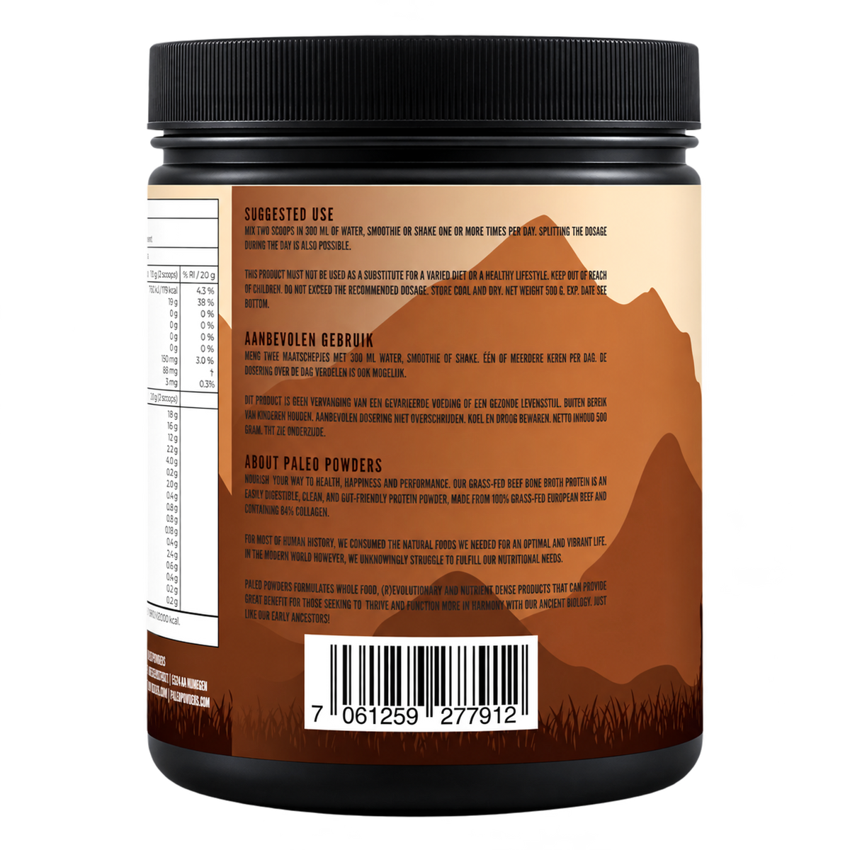 Bottenbouillon (Bone Broth) - Grasgevoerde runderen - 500 gram - Paleo Powders - zijaanzicht