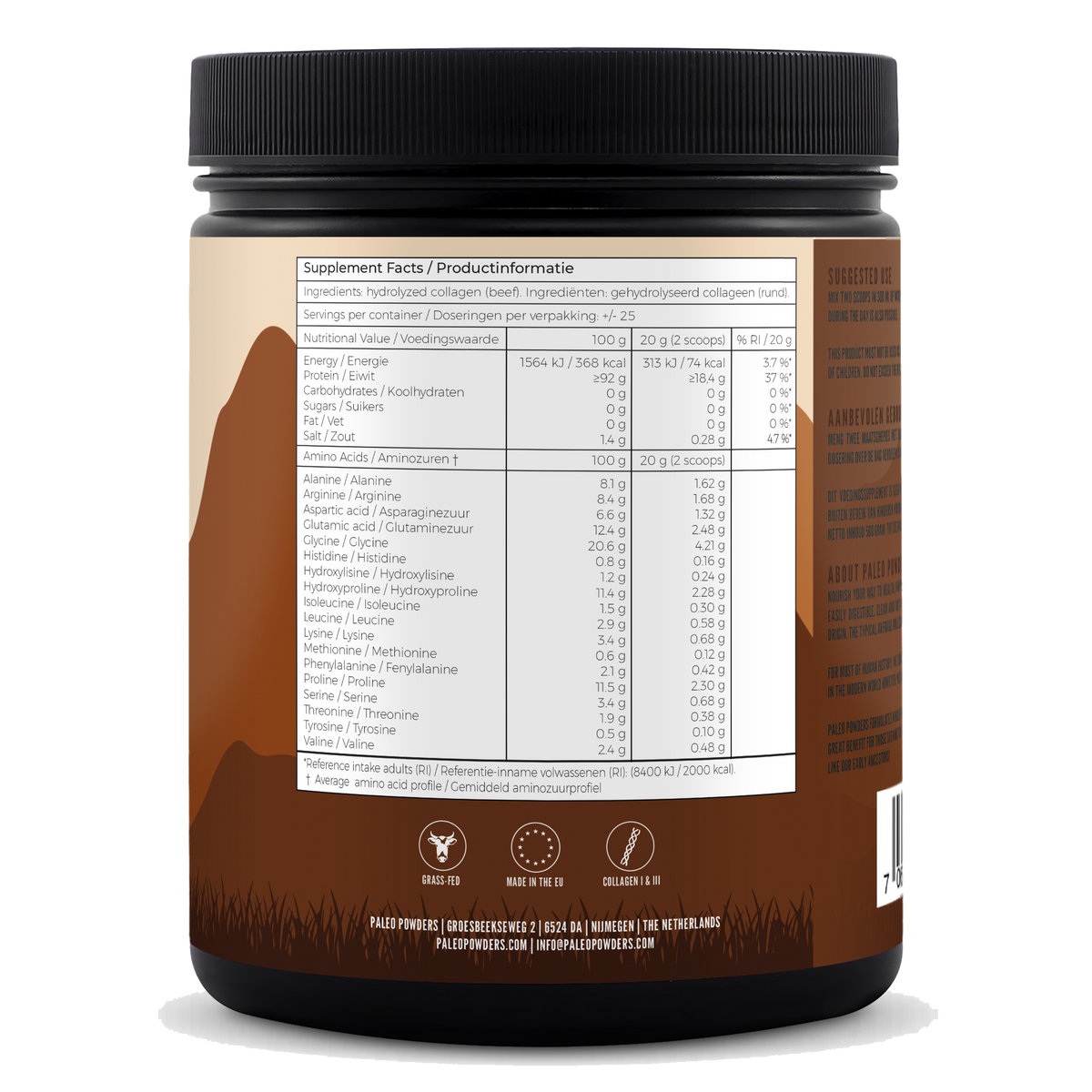 Collageen Hydrolysaat - Grasgevoerde runderen - 500 gram - Paleo Powders - achterkant
