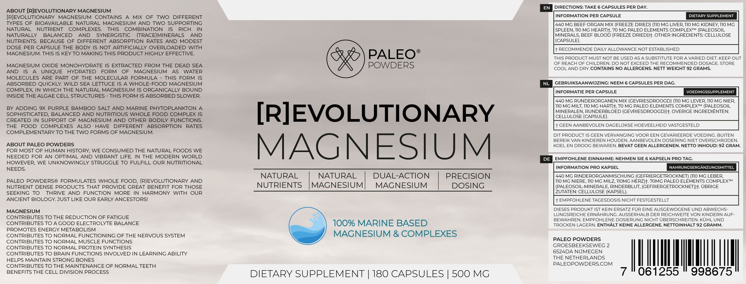 Magnesium - 100% Natuurlijk - 180 capsules - Paleo Powders