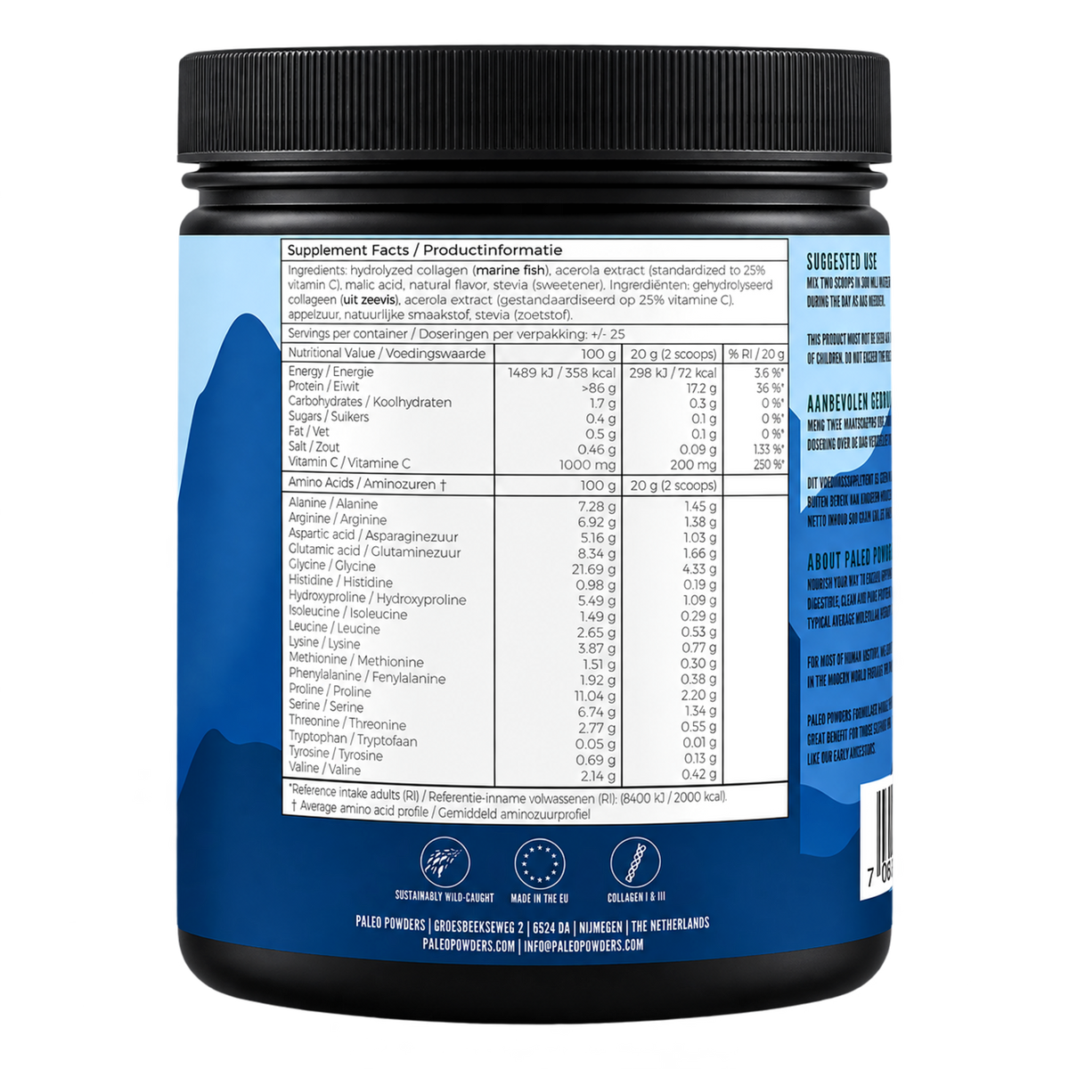 Collageen Hydrolysaat Aardbei - Wilde zeevis - 500 gram - Paleo Powders - achterkant