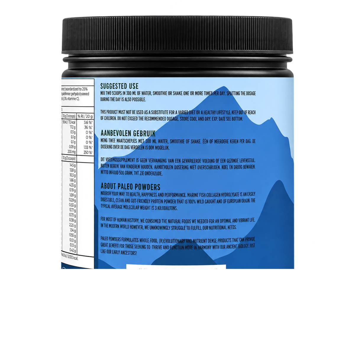 Collageen Hydrolysaat Aardbei - Wilde zeevis - 500 gram - Paleo Powders - zijaanzicht