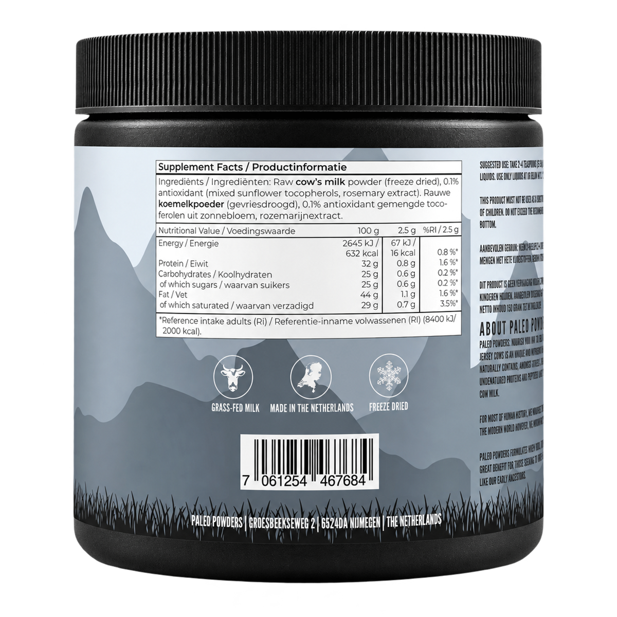 Rauwe A2 Melkpoeder - Gevriesdroogd - 150 gram - Paleo Powders - achterkant