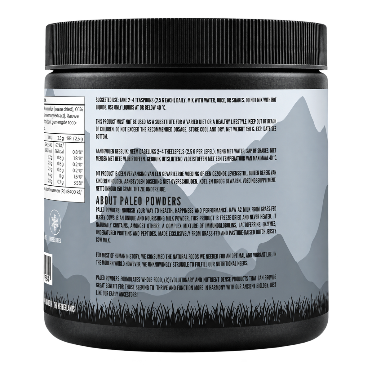 Rauwe A2 Melkpoeder - Gevriesdroogd - 150 gram - Paleo Powders - zijaanzicht