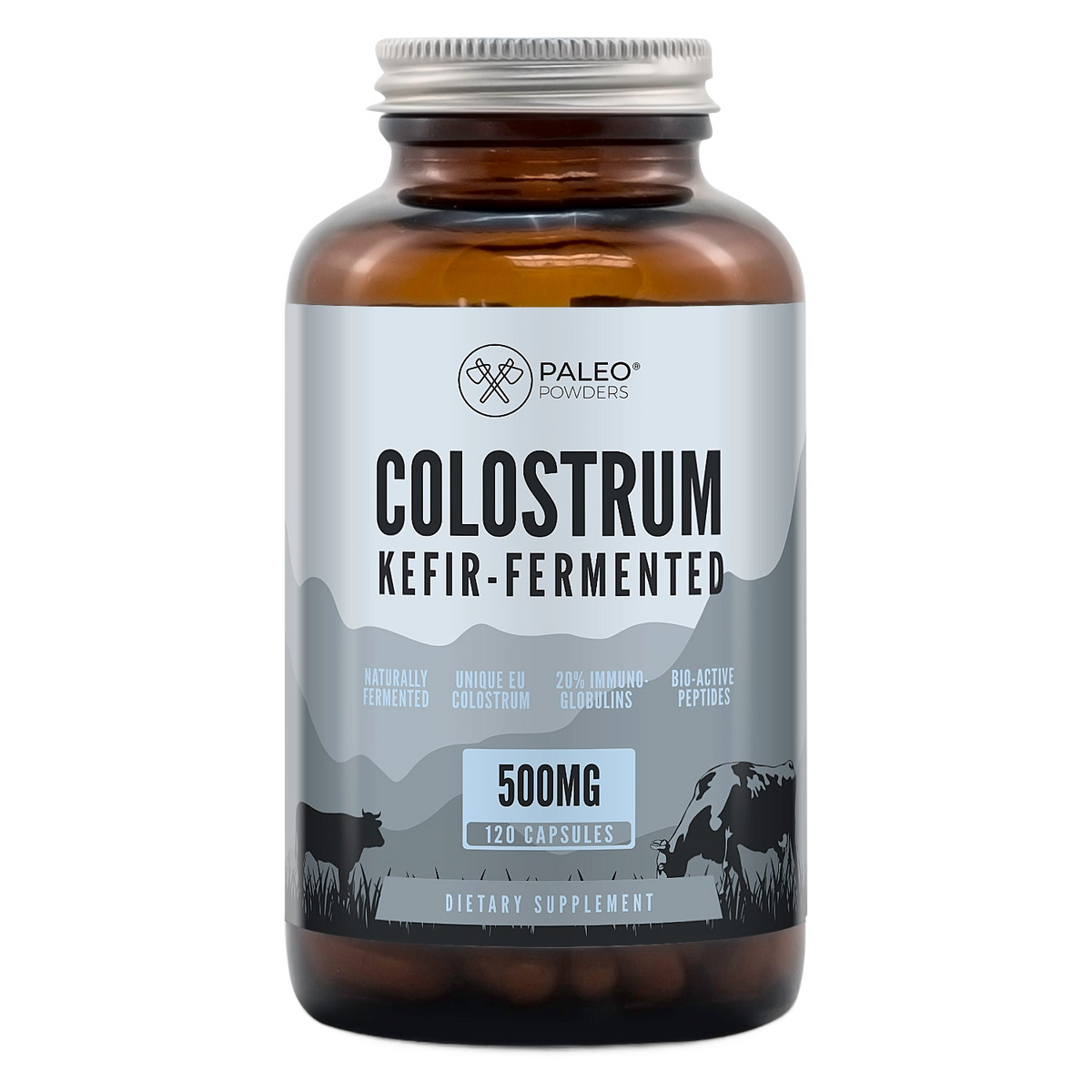 Paleo Powders Colostrum Kefir-Gefermenteerd 500 mg – pot met 120 capsules, voorzijde