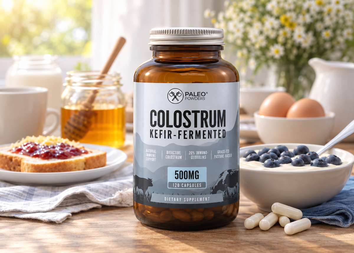 Paleo Powders Colostrum Kefir-Gefermenteerd 500 mg capsules op een ontbijttafel