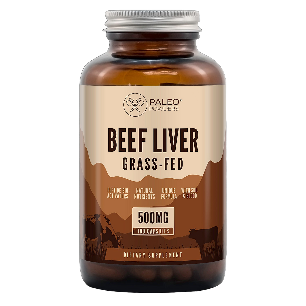 Paleo Powders Runderlever van grasgevoerde runderen – 180 capsules, voorzijde