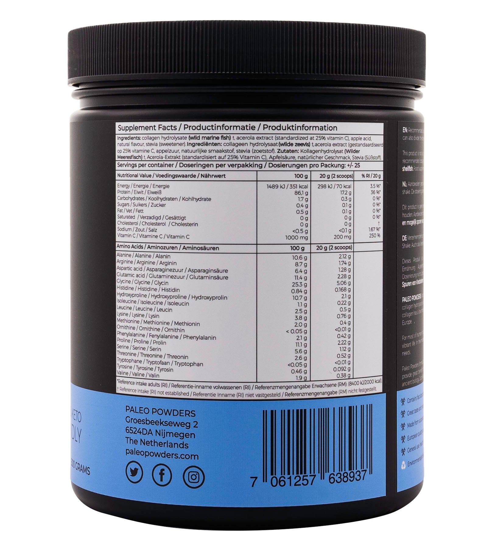 Collageen Hydrolysaat - Wild Gevangen Vis - Aardbei - 500 gram - Paleo Powders