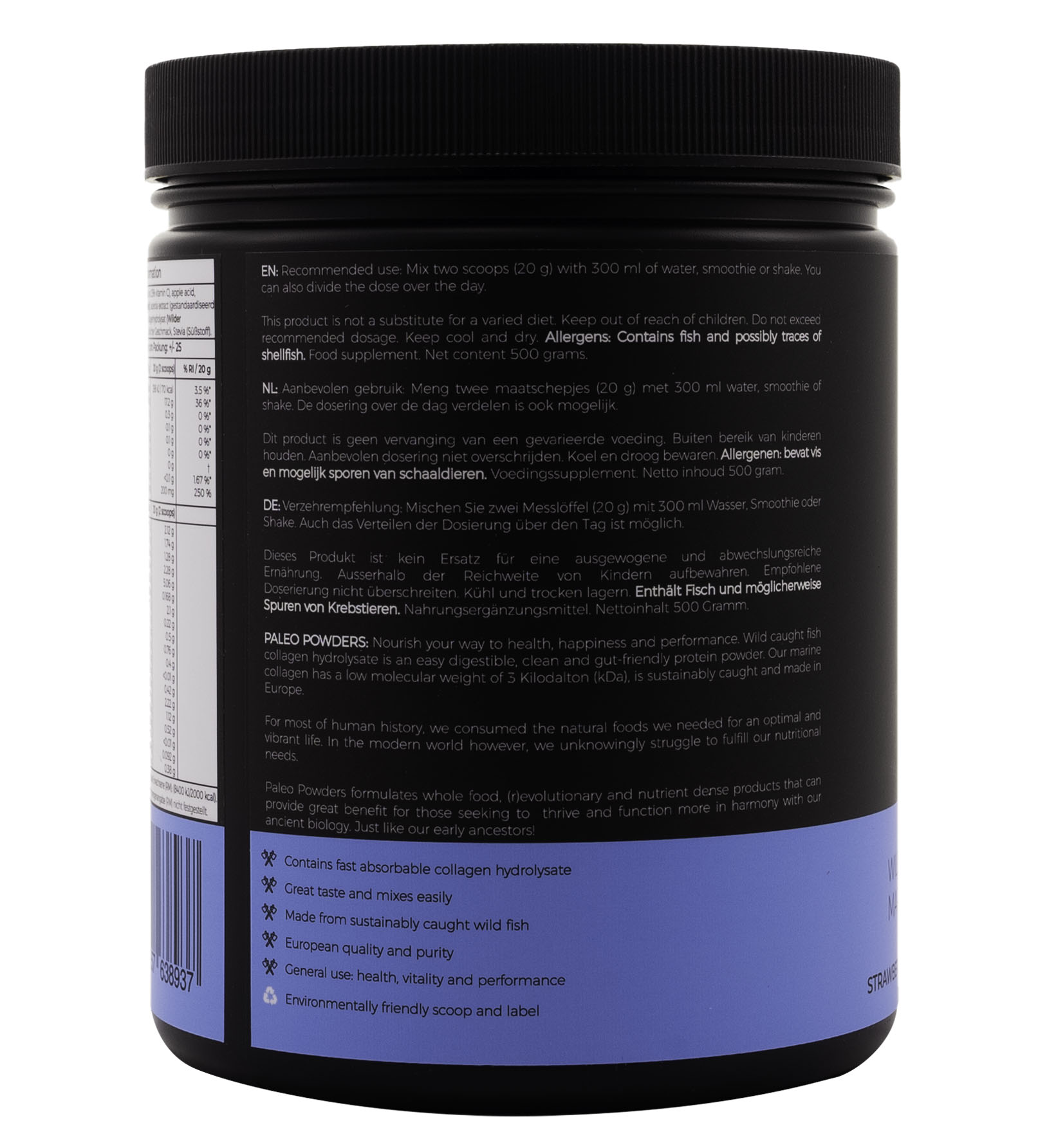 Collageen Hydrolysaat - Wild Gevangen Vis - Aardbei - 500 gram - Paleo Powders